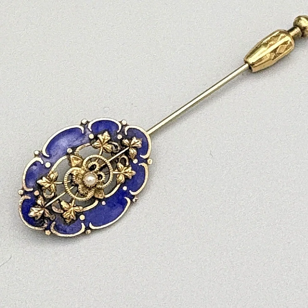 Antique Estate Stick Pin Blue Enamel Faux Pearl Regal Gold Vines and Pinstop